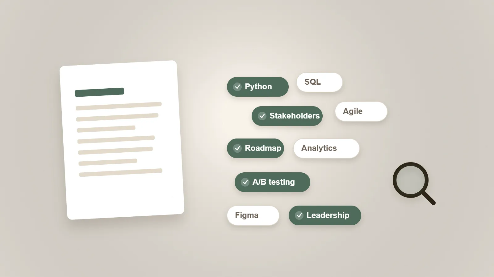A CV beside skill keyword tags, several checked off, with a magnifier.