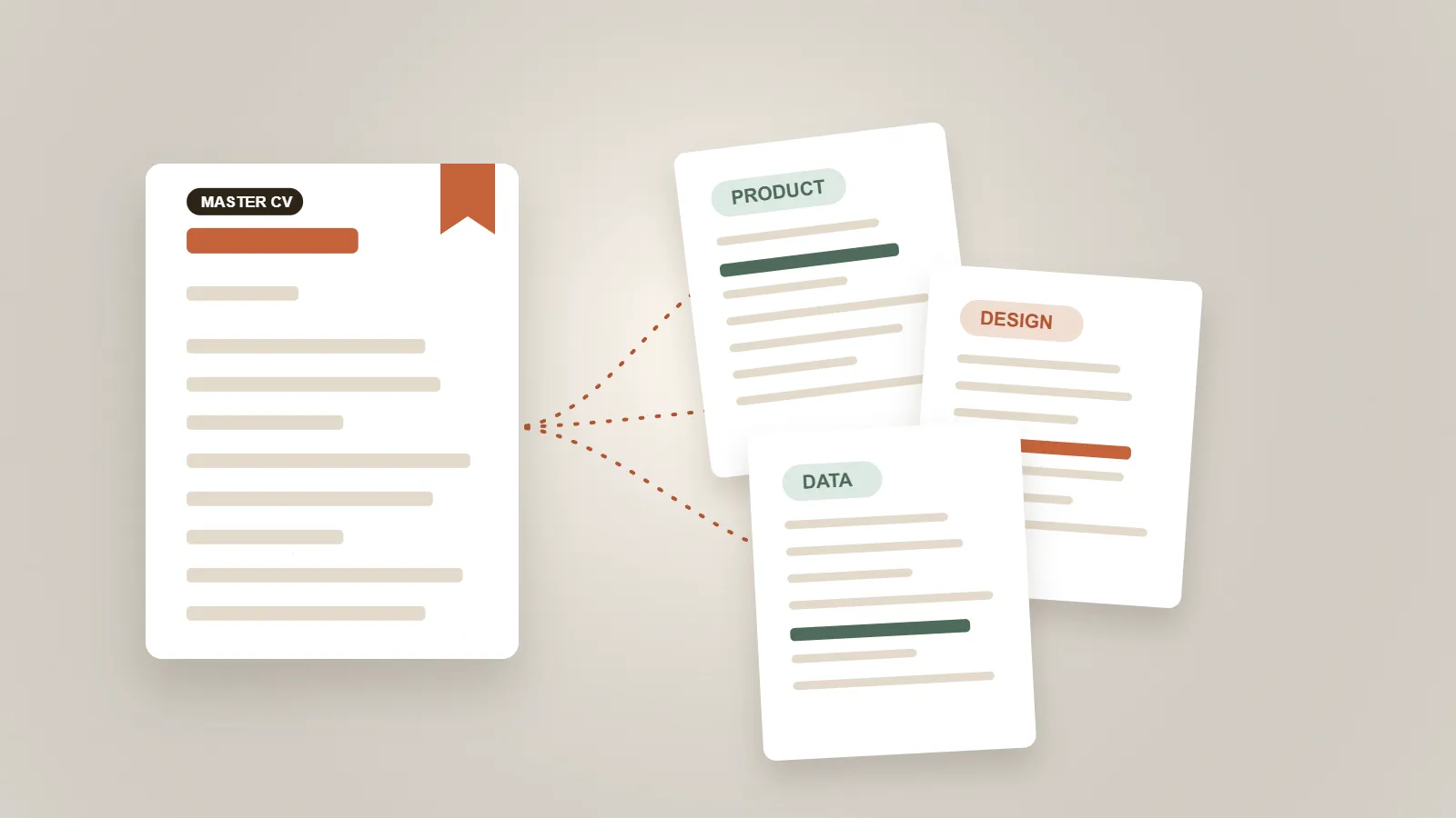 A Master CV branching into tailored CVs for Product, Design and Data roles.